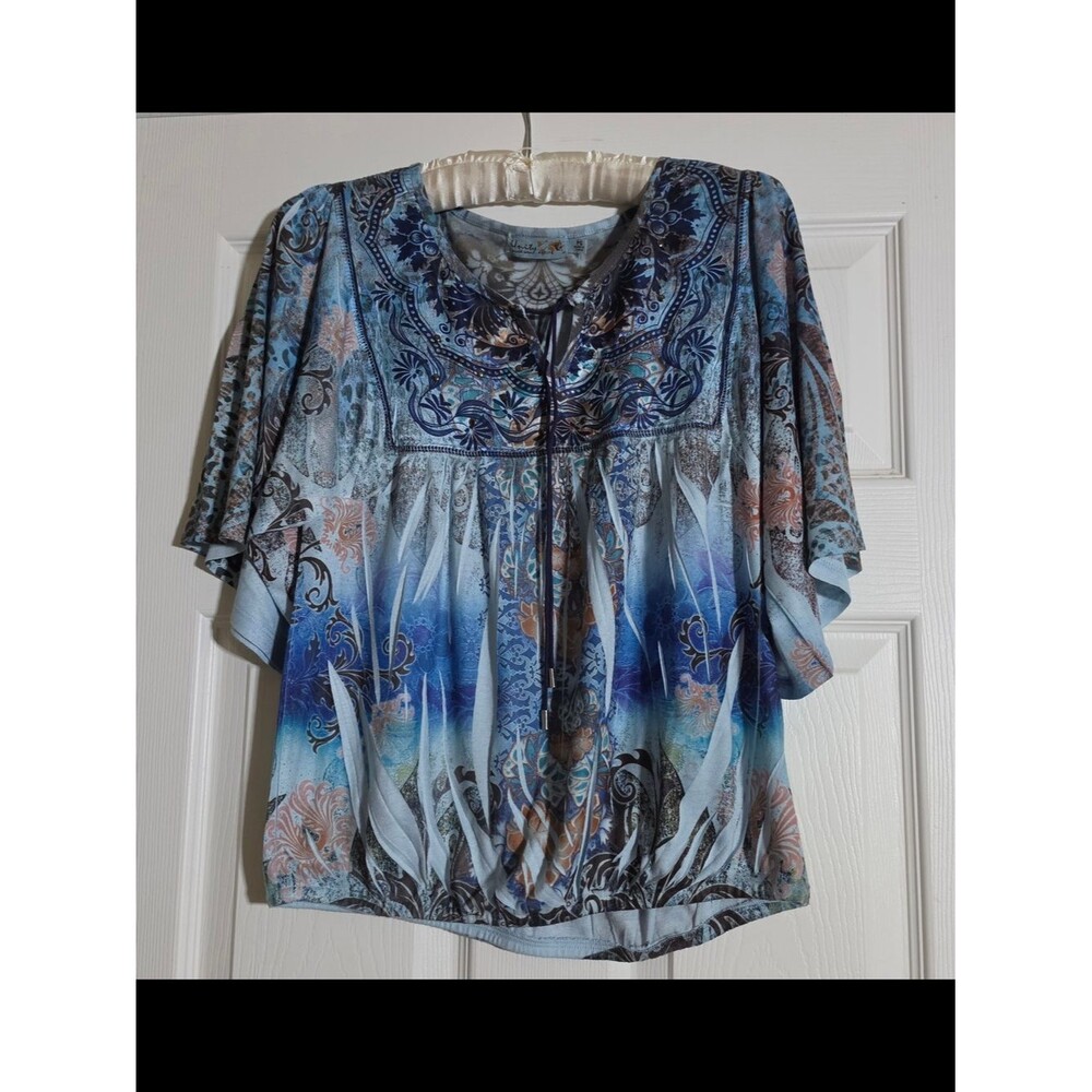 Unity World Wear Blue Multi-Print Peasant Blouse with Tassel Tie